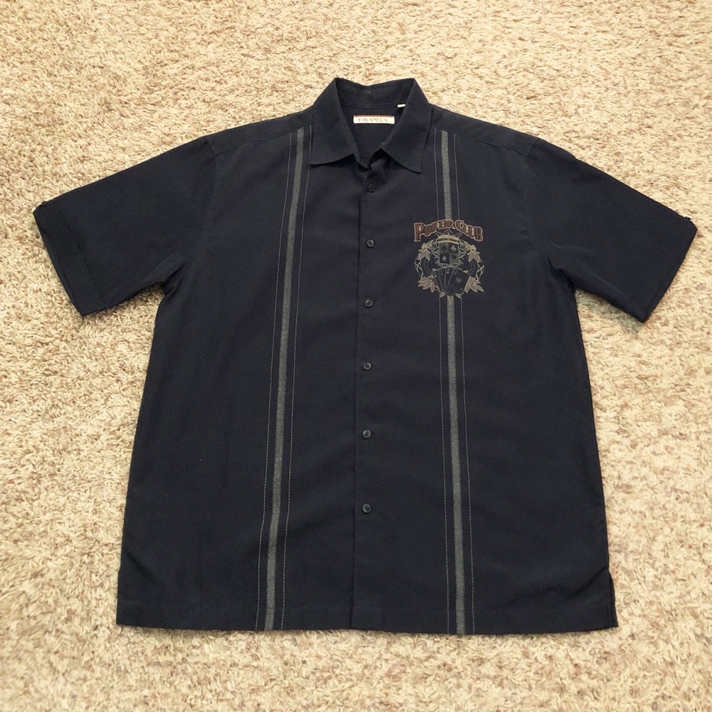 [Havanera] Black Button Down Pocker Print Men’s Shirt Boy’s Night Game Night L
